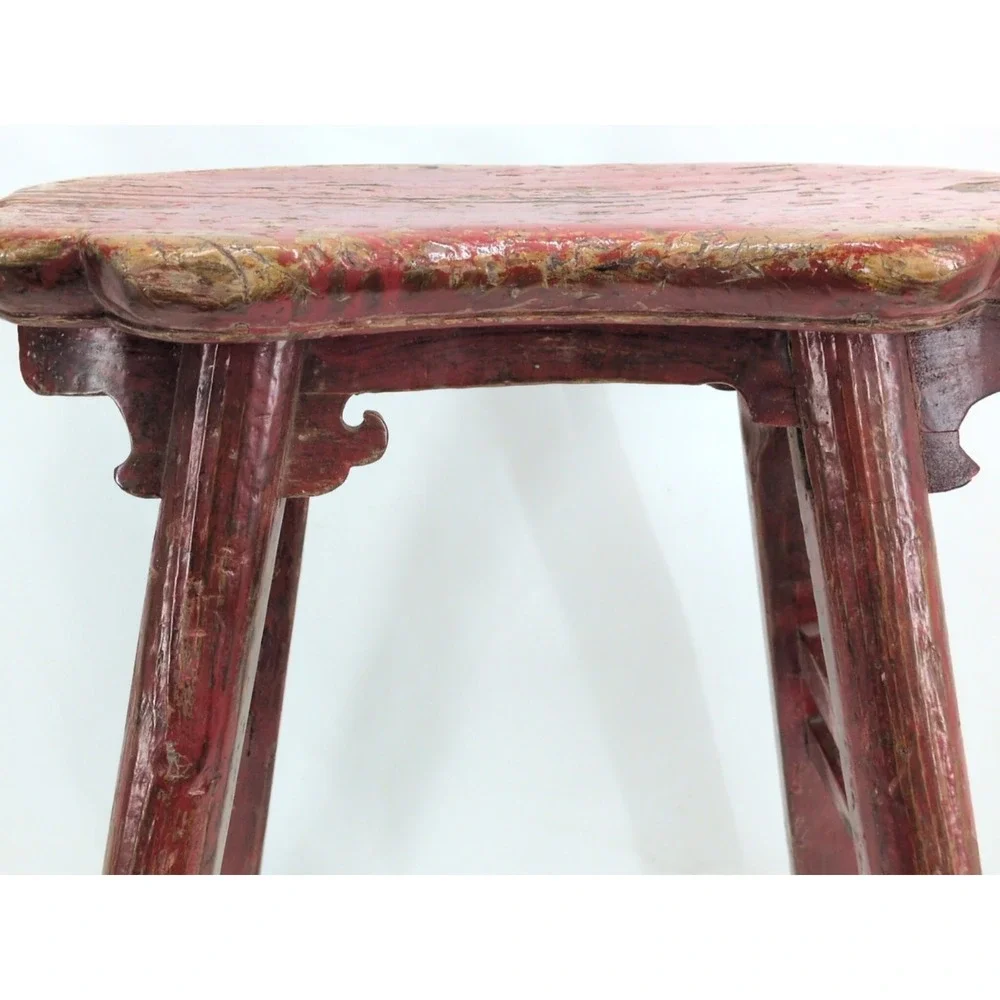 Antique Chinese Elm Red Painted Stool Chair Primitive 1900 Mortise Tenon Bench